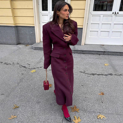 Women's Maxi Length Wool Blend Coat in Tailored Cut with Continuous Button Placket EVA-US