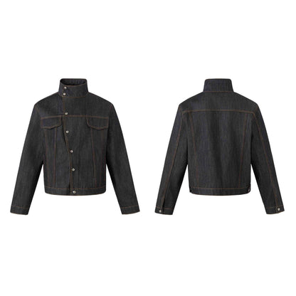 Unisex Short Cut Denim Jacket with High Stand-Up Collar and Decorative Seams EVA-US