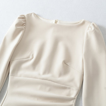Women Figure-hugging Midi Dress with Gathered Wrap Look and Long Sleeves EVA-US