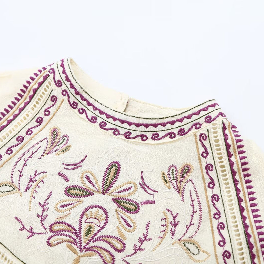 Women Embroidered Boho Blouse with Round Neck, Pleats and Lace Yoke EVA-US