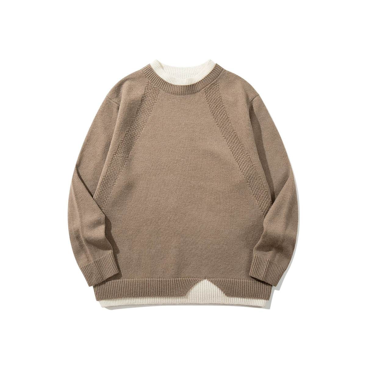 Women's Structured Rib and Waffle Knit Round Neck Sweater with Layered Hem EVA-US