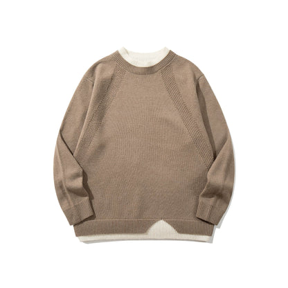Women's Structured Rib and Waffle Knit Round Neck Sweater with Layered Hem EVA-US