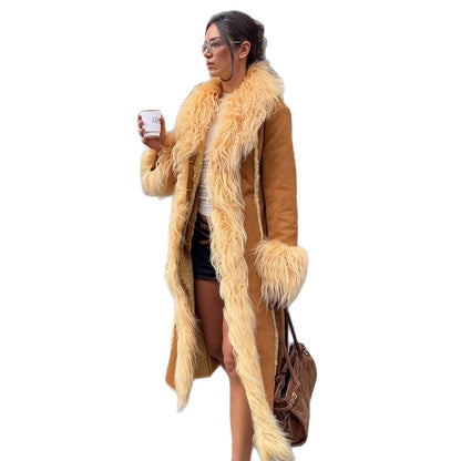 Women Long Shearling Imitation Coat with Voluminous Shawl Collar and Plush Cuffs EVA-US