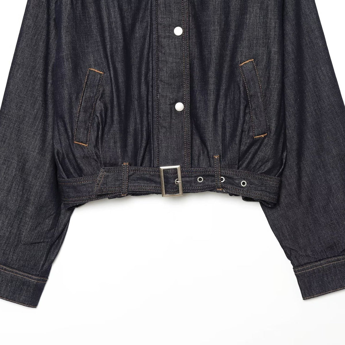Women's Cropped Denim Jacket with Waist Belt, Stand Collar and Balloon Sleeves EVA-US