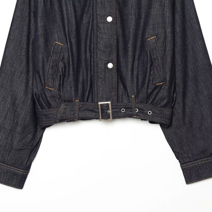 Women's Cropped Denim Jacket with Waist Belt, Stand Collar and Balloon Sleeves EVA-US
