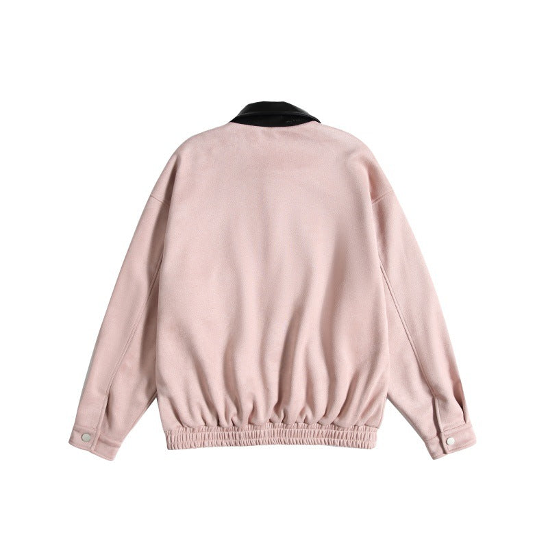 Women's short cut boxy bomber jacket with contrasting faux leather collar EVA-US