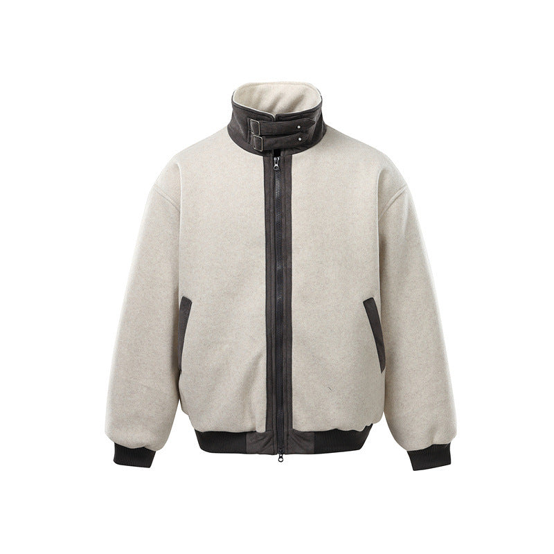 Men's short-cut boxy bomber made of wool blend with high buckle collar and velour trim EVA-US