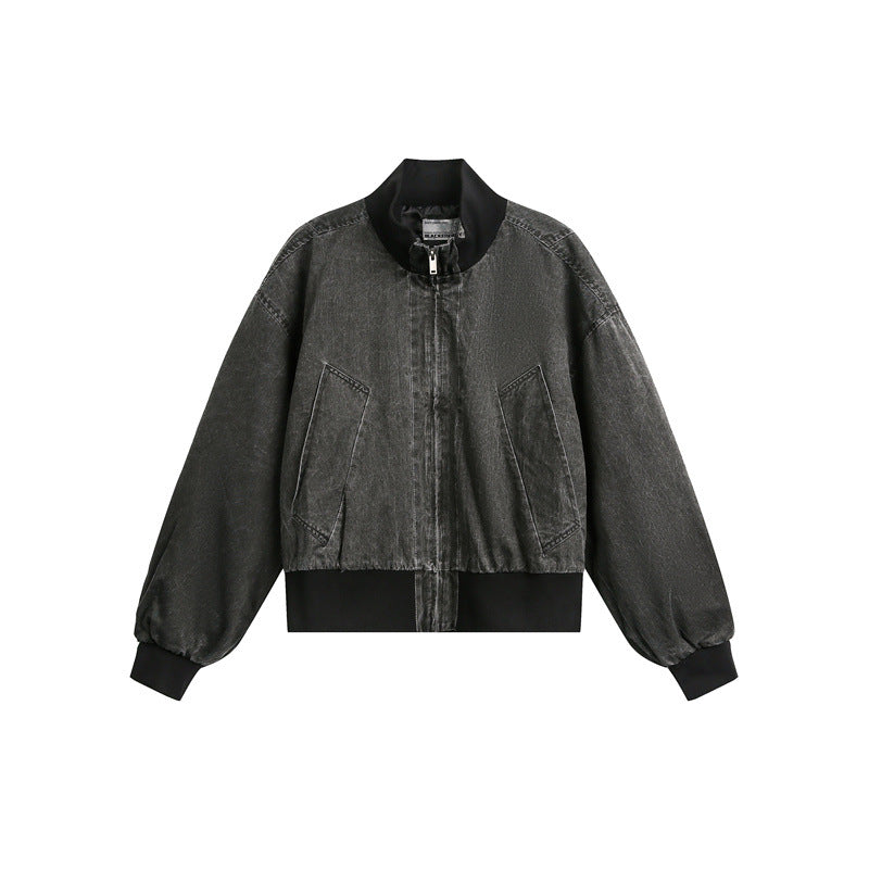 Unisex Short Cut Satin Bomber in Boxy Cut with Contrasting Ribbed Collar and Balloon Sleeves EVA-US