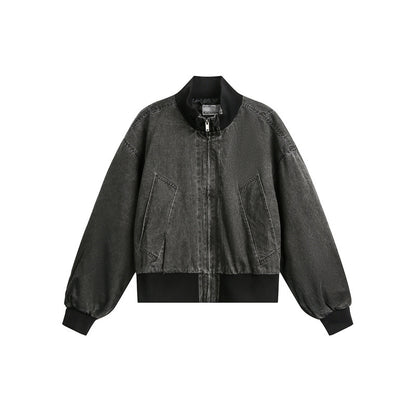 Unisex Short Cut Satin Bomber in Boxy Cut with Contrasting Ribbed Collar and Balloon Sleeves EVA-US
