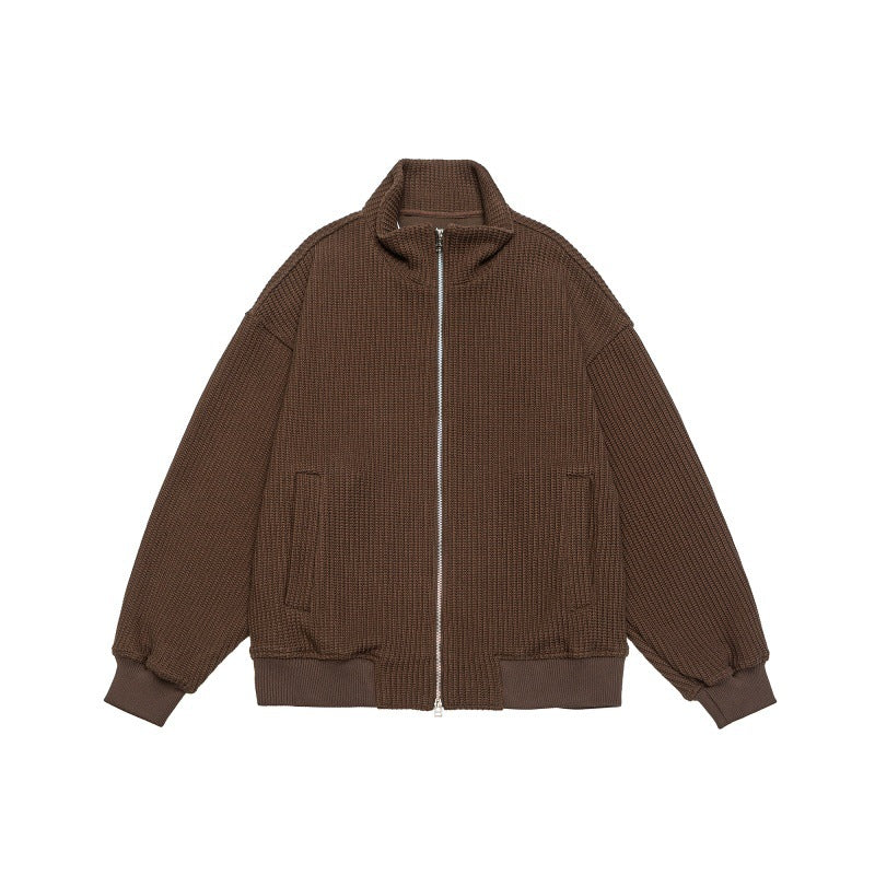 Unisex chunky knit boxy zip jacket with stand-up collar and ribbed cuffs EVA-US