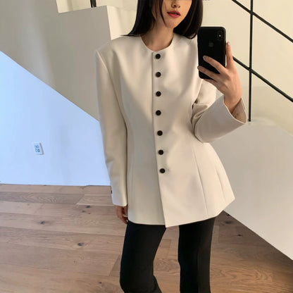 Women Tailored Blazer with Sculptural Shoulder, Round Neckline and Contrast Button Placket EVA-US