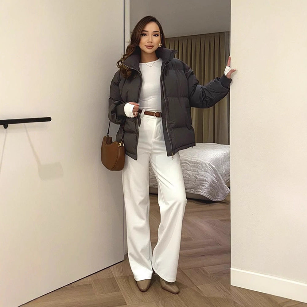 Women Short Tailored Puffer Jacket with Ribbed Cuffs and High Stand-Up Collar EVA-US