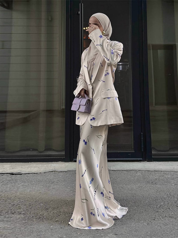 Women's Two-Piece Satin Suit with Floral Maxi Skirt and Oversized Blazer EVA-US