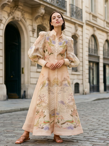 Women's maxi dress with floral print, continuous button placket and voluminous puff sleeves EVA-US