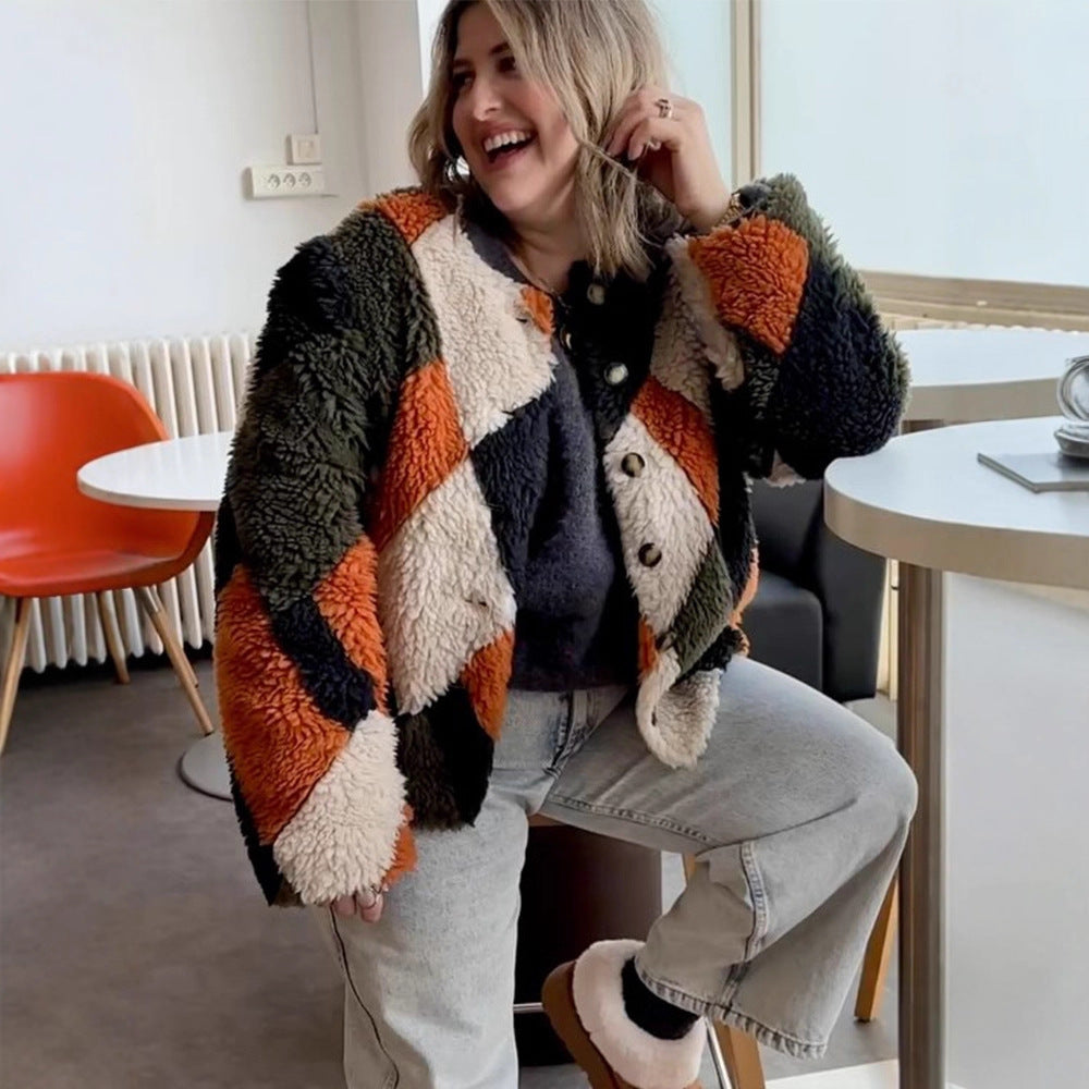 Women Short-Cut Patchwork Teddy Jacket with Textured Loop Fiber and Snap Button Placket EVA-US