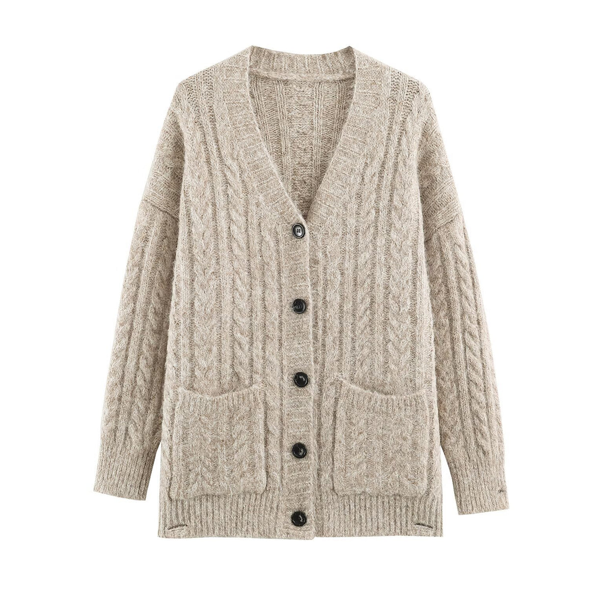 Women Large Knitted Oversize Cardigan with Cable Knit V-Neck and Patch Pockets EVA-US