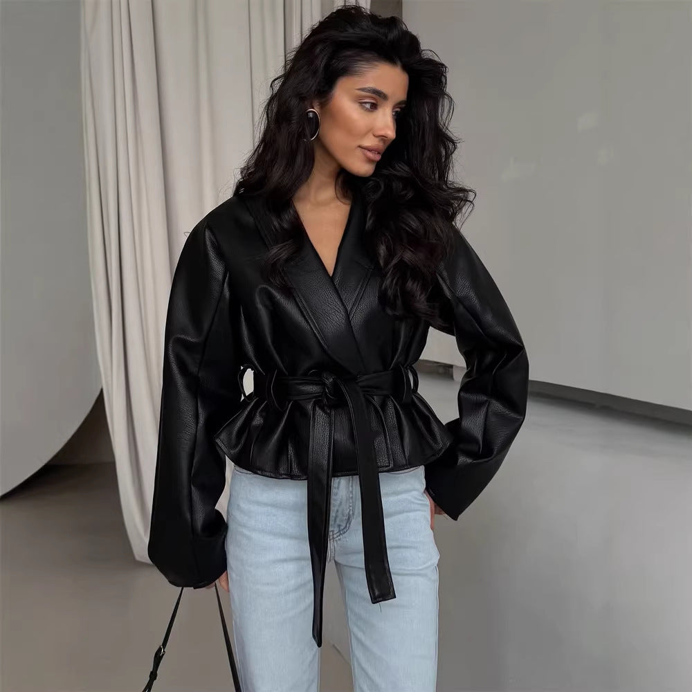 Women's Tailored Faux Leather Jacket with Peplum, Tie Belt & Shawl Collar EVA-US