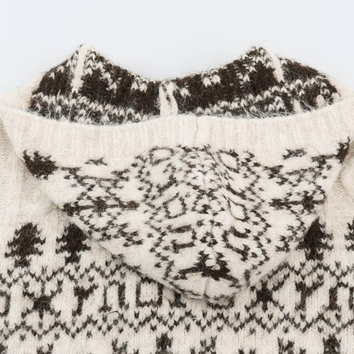 Women's Coarse Knit Hooded Cardigan with Horn Buttons and Norwegian Pattern EVA-US