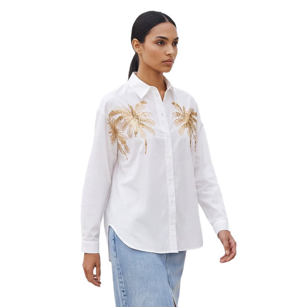 Women's shirt blouse with sequin palm applique, oversized cut & classic collar EVA-US