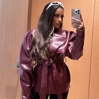 Women Tailored Faux Leather Blouson with Tie Belt and Voluminous Shoulder Section EVA-US
