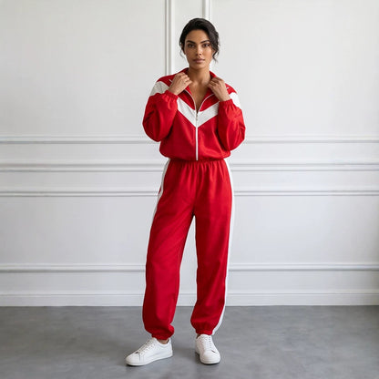 Women's Retro Tracksuit with Zipper Jacket and Elastic Waist Pants EVA-US