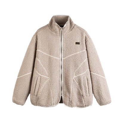 Unisex Teddy-Fleece-Bomber Jacket with Stand Collar and Geometric Seam Design EVA-US