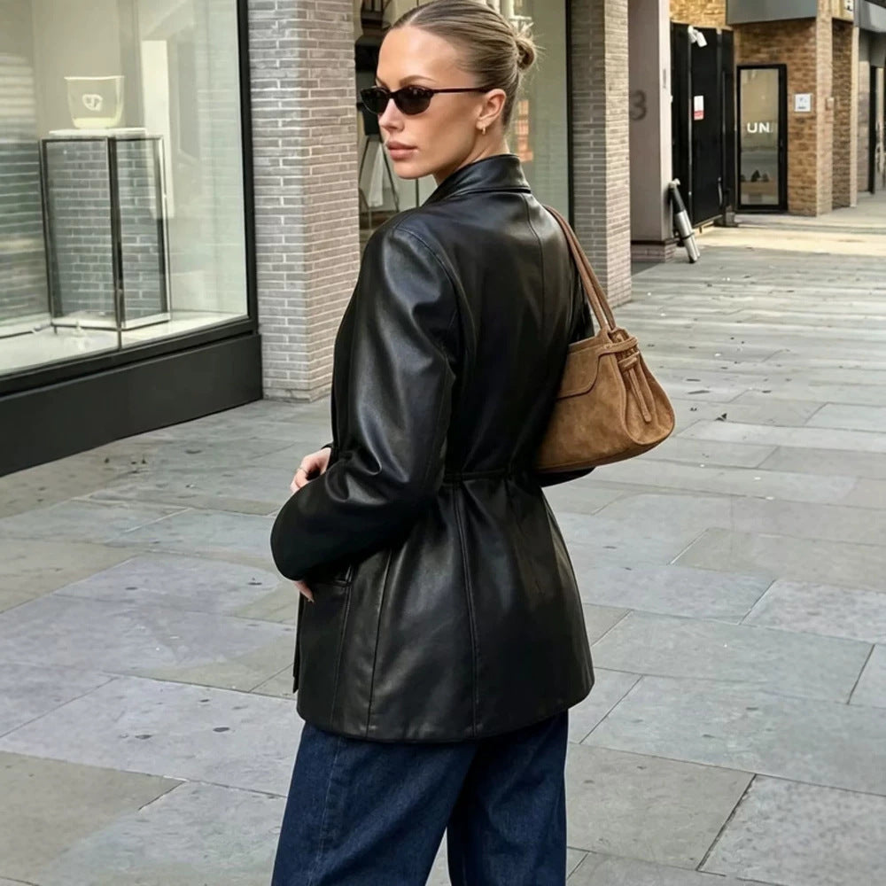 Women Tailored Wrap Blazer made of Imitation Leather with Flared Hem EVA-US
