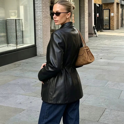Women Tailored Wrap Blazer made of Imitation Leather with Flared Hem EVA-US