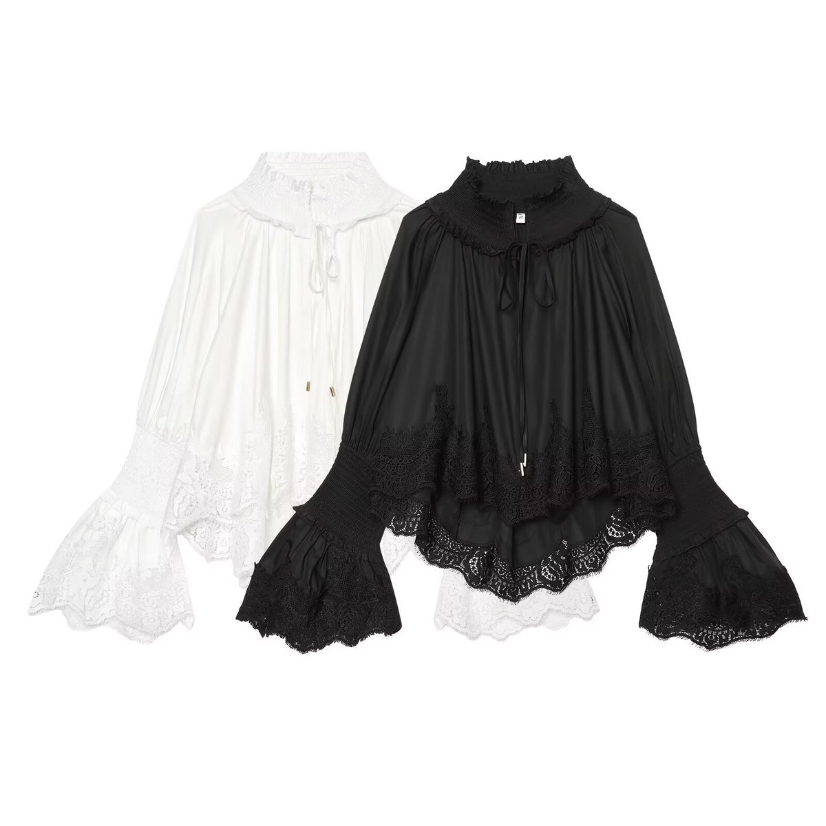 Ladies Romantic Blouse with Ruffle Collar, Bell Sleeves and Lace Trim EVA-US