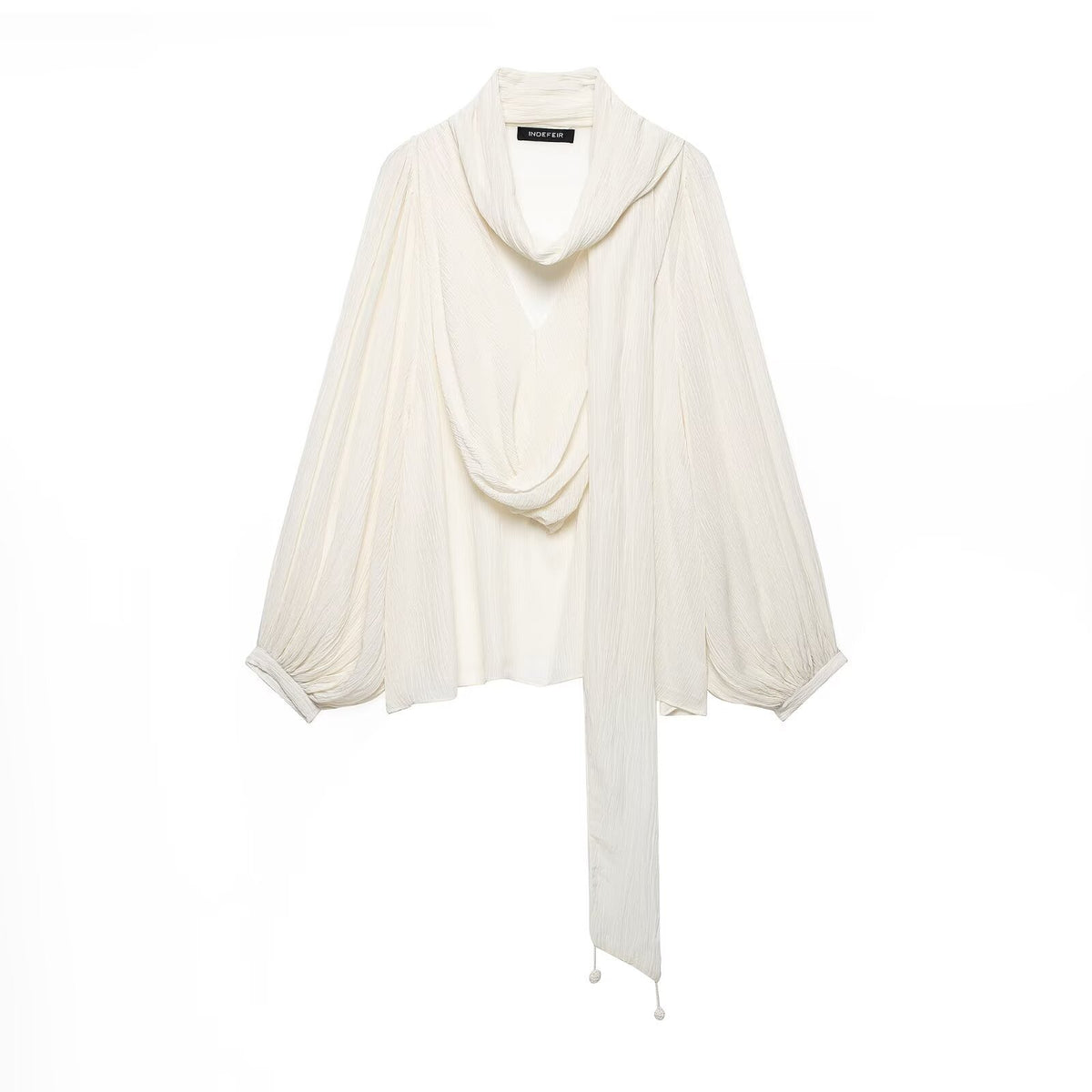 Women Pleated Oversized Blouse with Funnel Neck and Decorative Tied Scarf EVA-US