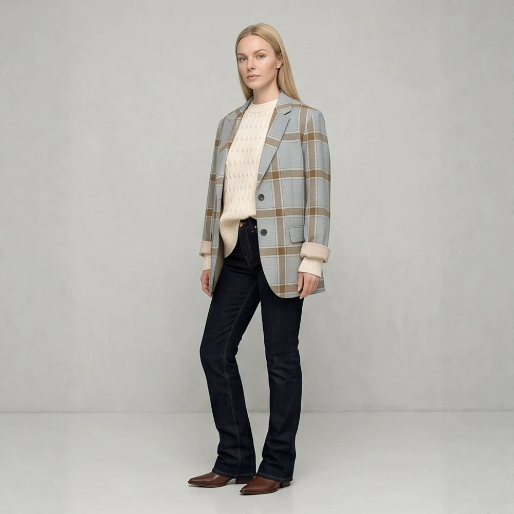 Ladies Oversized Check Blazer in Glencheck with Boxy Silhouette and Dropped Lapels EVA-US