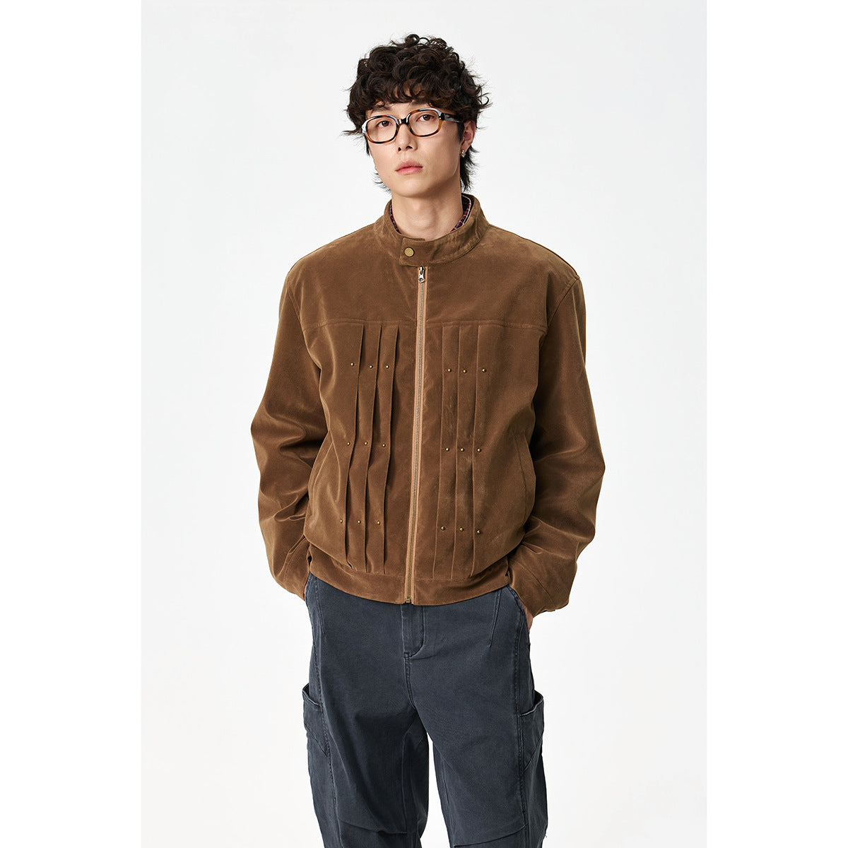 Men's Velour Leather Look Blouson Jacket with Pleated Yoke and Stud Detail EVA-US