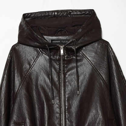 Women's Short Hooded Leather Look Bomber Jacket with Drawstring Hem EVA-US
