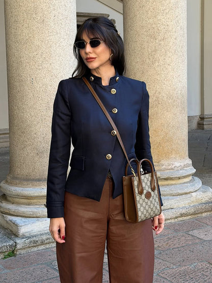 Women's Tailored Blazer with Stand Collar and Golden Decorative Buttons EVA-US