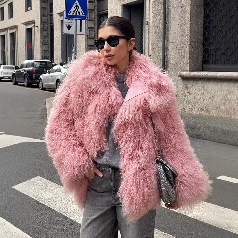 Women Short Cut Shaggy Faux Fur Coat with voluminous Shawl Collar and Oversized Silhouette EVA-US
