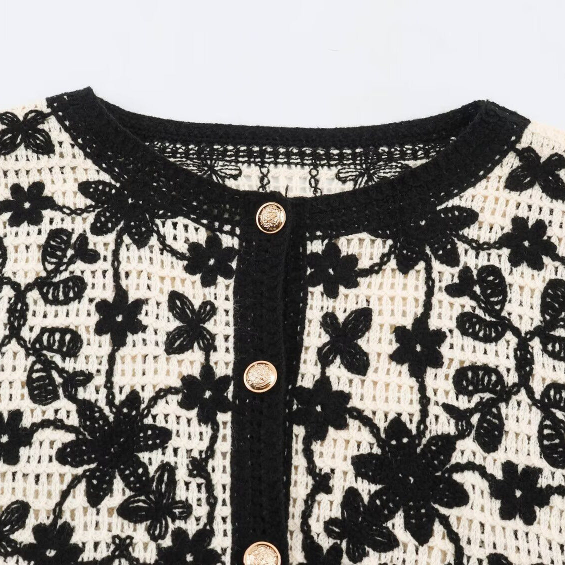 Women's Crocheted Boucle Cardigan with Three-Dimensional Flower Embroidery and Gold Accents EVA-US