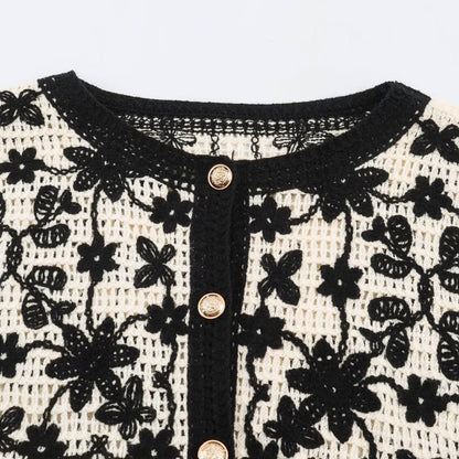 Women's Crocheted Boucle Cardigan with Three-Dimensional Flower Embroidery and Gold Accents EVA-US
