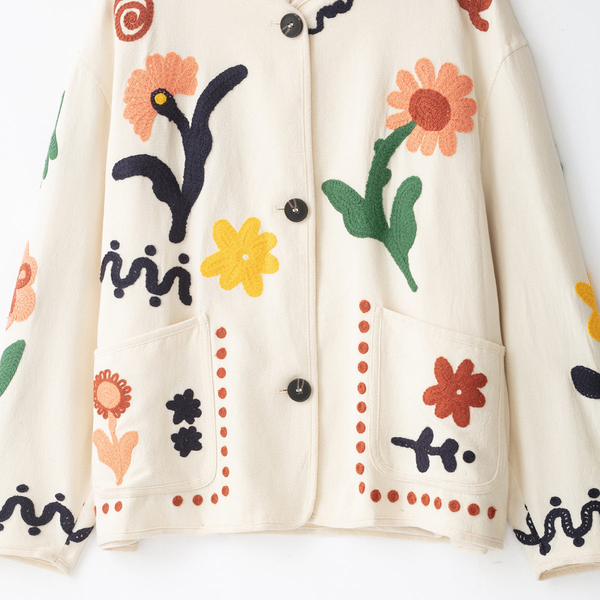 Women's Embroidered Oversized Cotton Jacket with Floral Decor and Button Placket EVA-US
