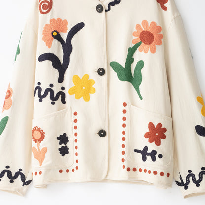 Women's Embroidered Oversized Cotton Jacket with Floral Decor and Button Placket EVA-US