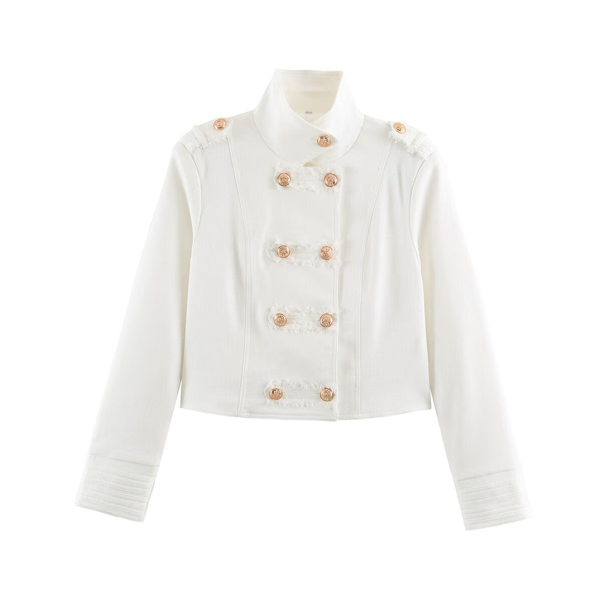 Ladies Short Cut Military Inspired Jacket with Stand-Up Collar and Decorative Button Placket EVA-US