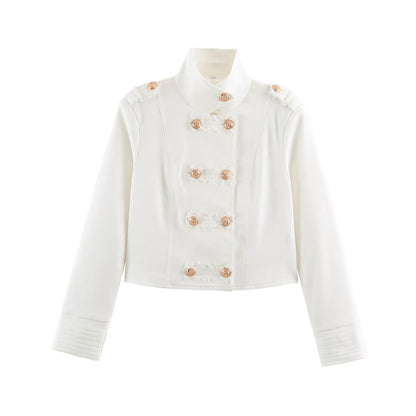 Ladies Short Cut Military Inspired Jacket with Stand-Up Collar and Decorative Button Placket EVA-US