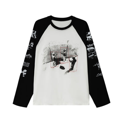 Unisex Raglan-Long Sleeve Shirt with Contrast Sleeves, Crew Neck and Urban Photo Print EVA-US