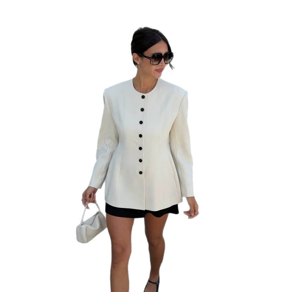 Women Tailored Blazer with Sculptural Shoulder, Round Neckline and Contrast Button Placket EVA-US