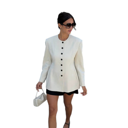 Women Tailored Blazer with Sculptural Shoulder, Round Neckline and Contrast Button Placket EVA-US