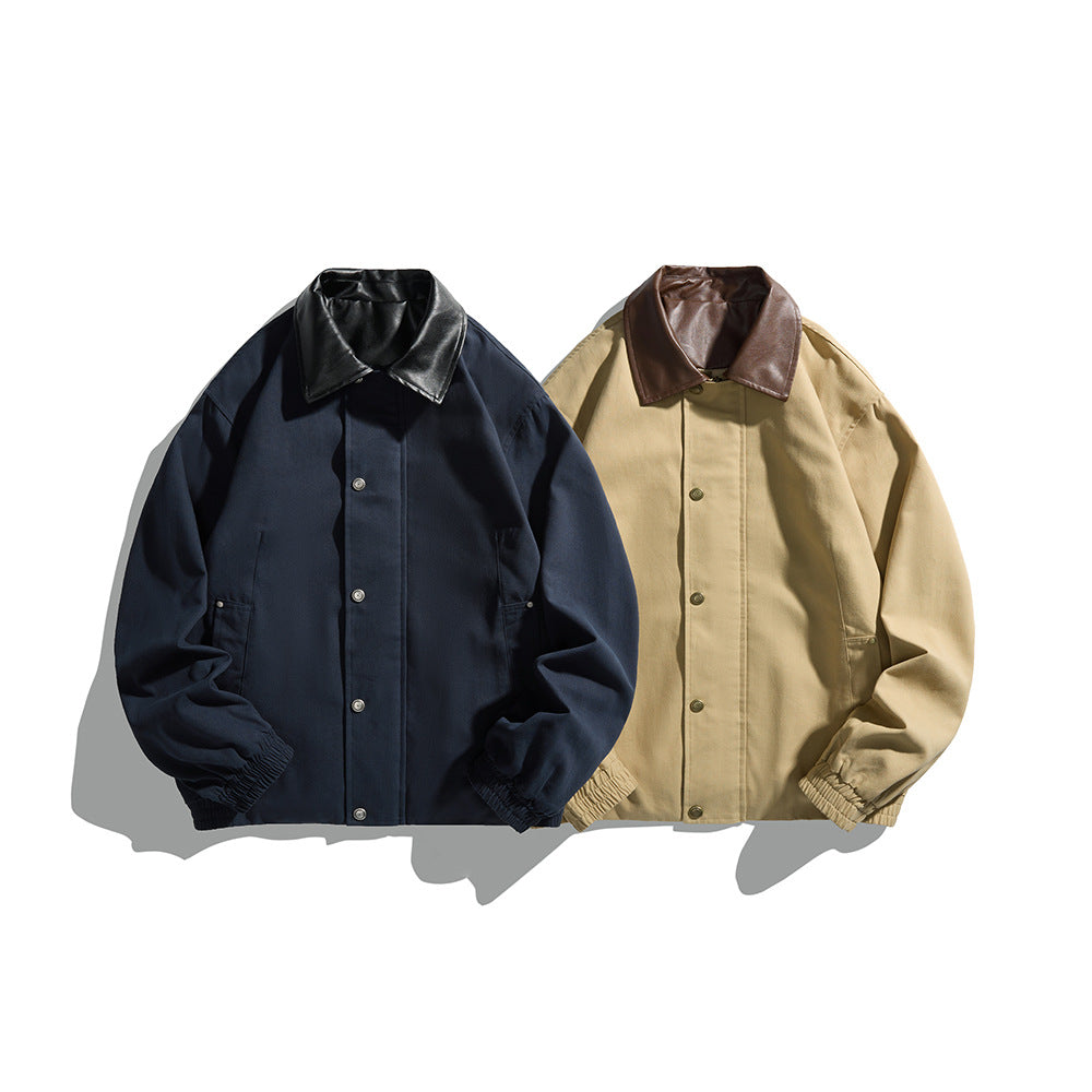 Men's Masculine Boxy Field Blouson with contrasting faux leather collar and concealed snap button placket EVA-US