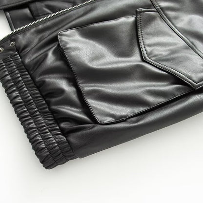 Women Short Faux Leather Bomber Jacket with Large Faux Fur Collar, Flap Pockets and Waist Hem EVA-US