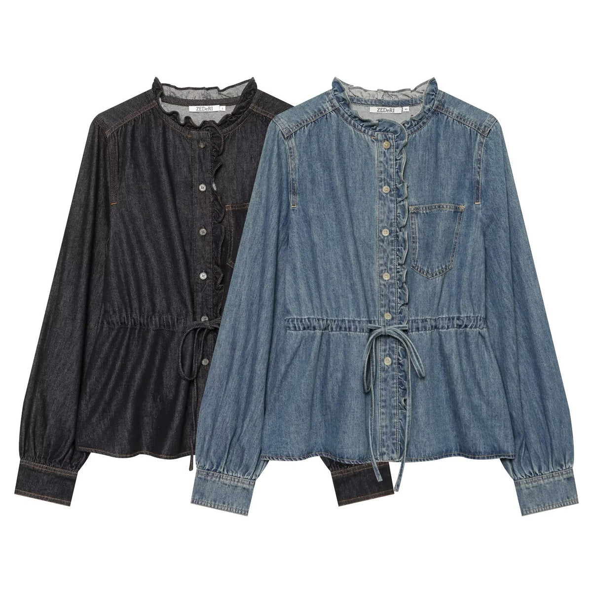 Women's jeans blouse with ruffle trim, drawstring waist and cuffed sleeves EVA-US