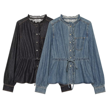 Women's jeans blouse with ruffle trim, drawstring waist and cuffed sleeves EVA-US