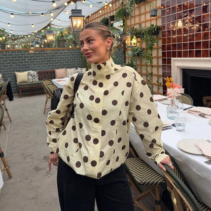 Women's Boxy Shirt Jacket with Stand Collar, Balloon Sleeves, and Large Polka Dot Print EVA-US