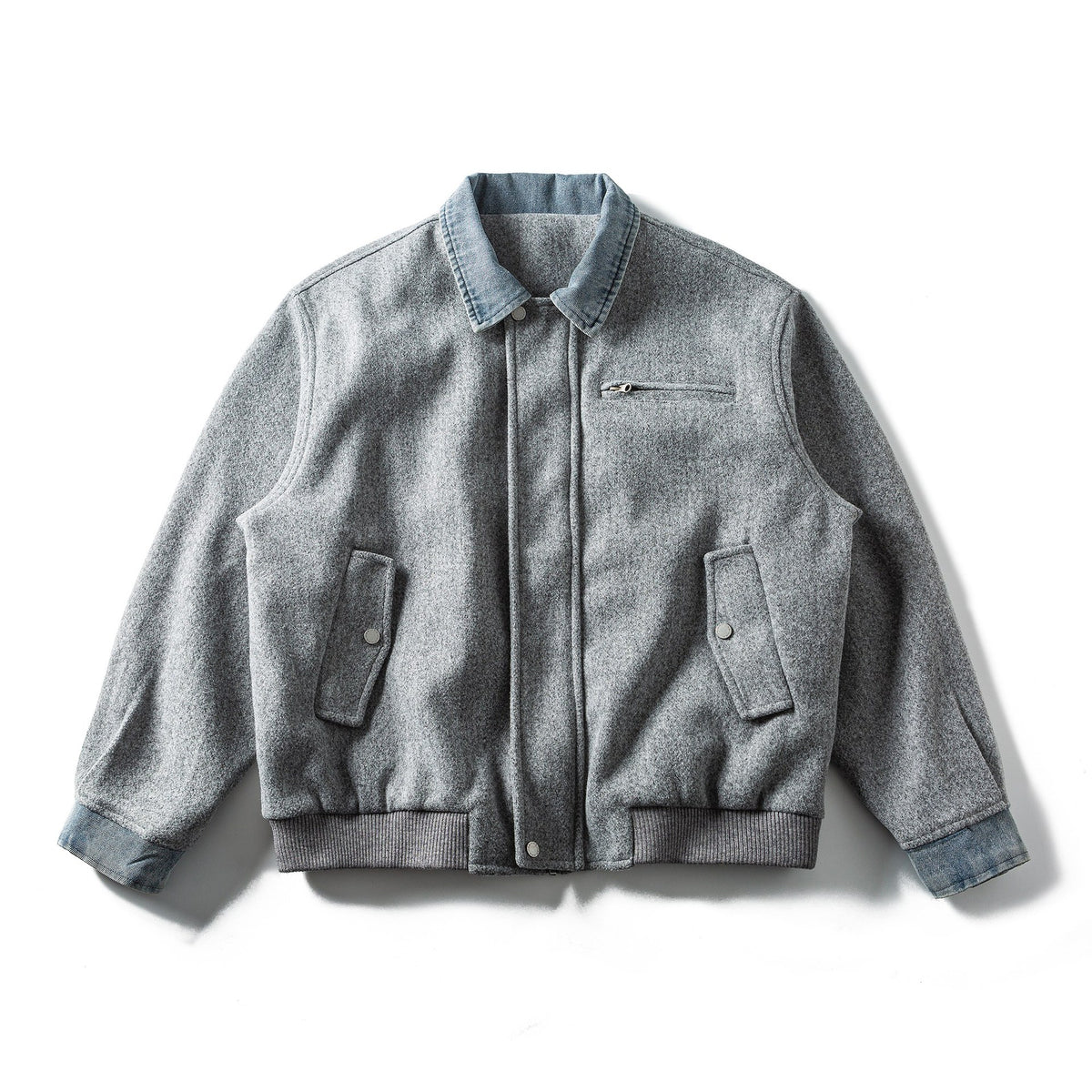 Men's Short Wool Blend Bomber Jacket with Denim Collar and Flap Pockets EVA-US